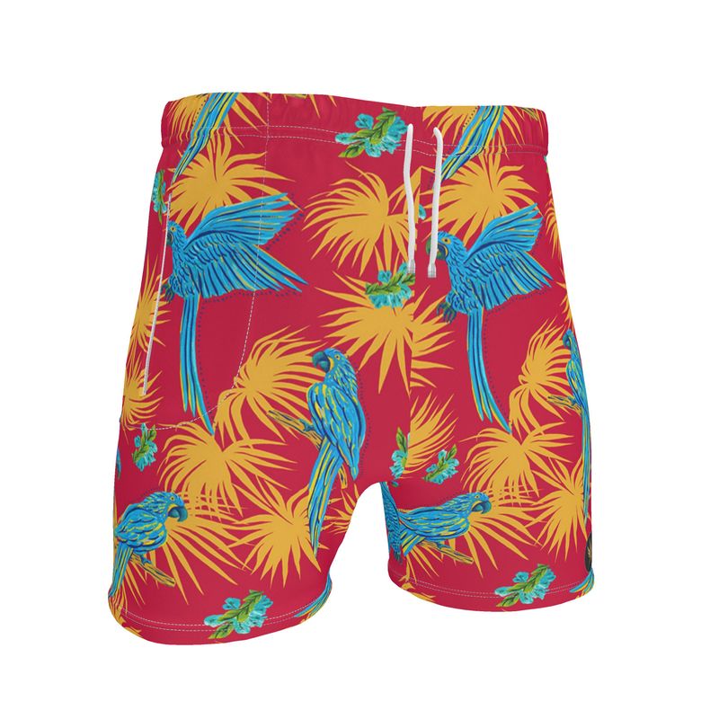 Men's Mid-Thigh Gym Shorts — Tropical Macaw Samba Red