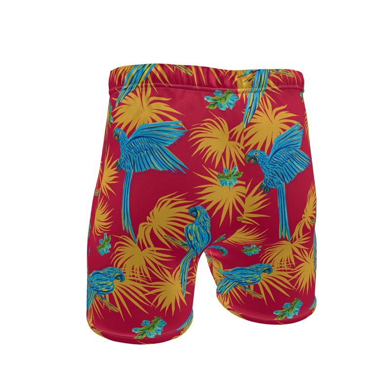Men's Mid-Thigh Gym Shorts — Tropical Macaw Samba Red