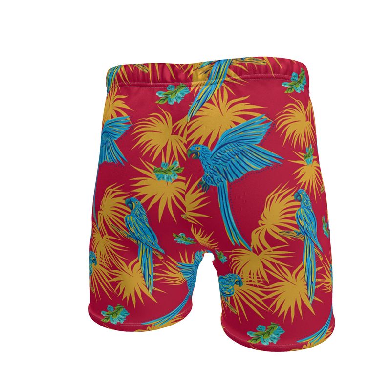 Men's Mid-Thigh Gym Shorts — Tropical Macaw Samba Red