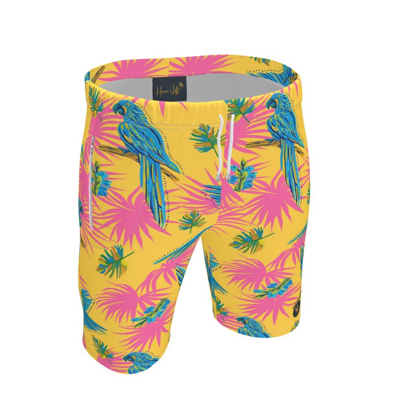 Men's Knee-Length Gym Shorts — Tropical Macaw Sunny Fuchsia