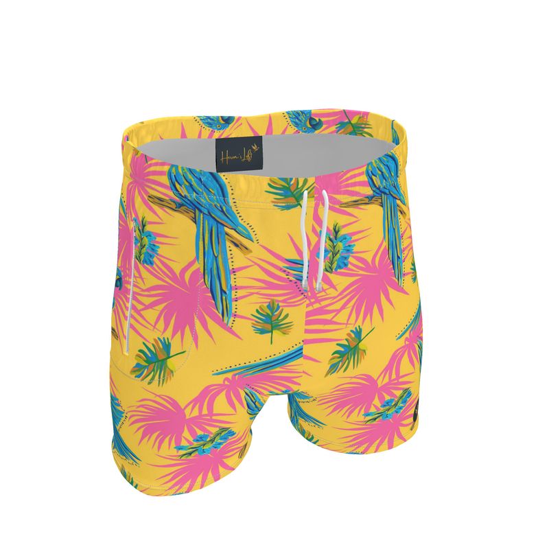 Men's Mid-Thigh Gym Shorts — Tropical Macaw Sunny Fuchsia