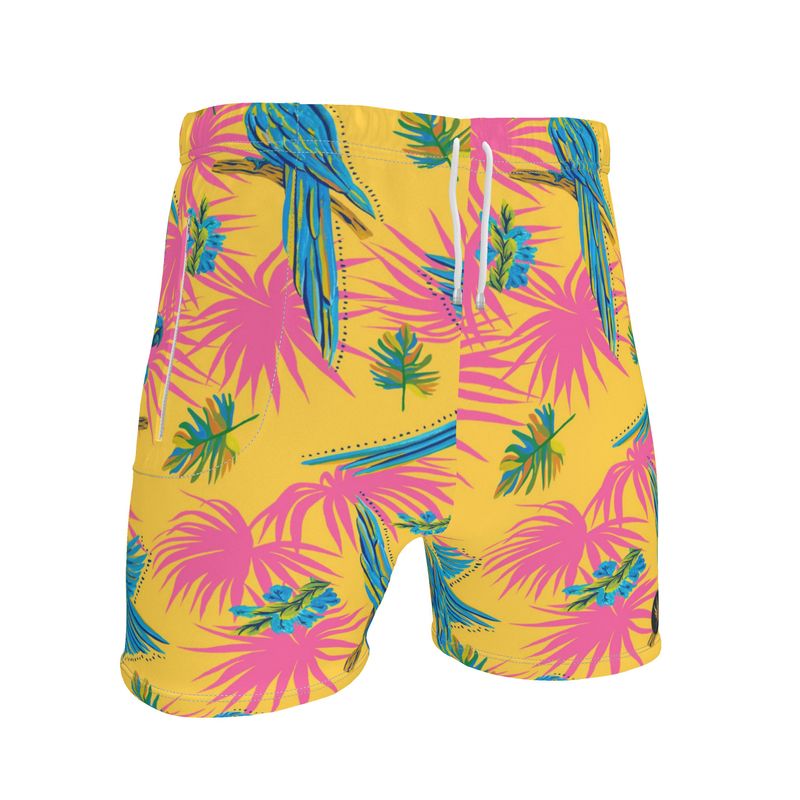 Men's Mid-Thigh Gym Shorts — Tropical Macaw Sunny Fuchsia