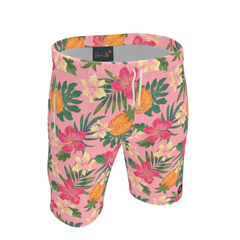 Men's Knee-Length Gym Shorts — Pineapple Paradise Hibiscus Blush