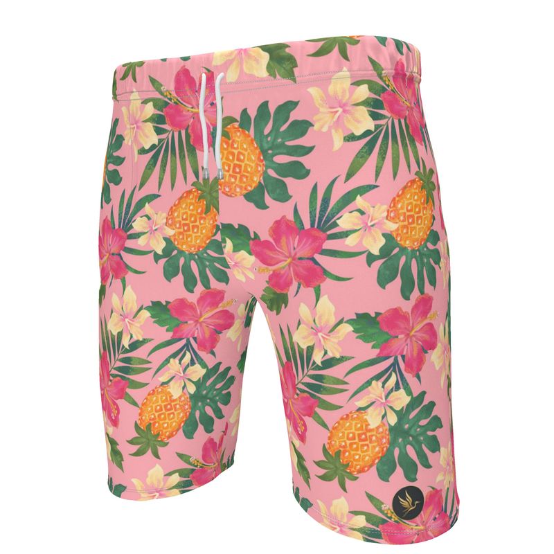 Men's Knee-Length Gym Shorts — Pineapple Paradise Hibiscus Blush