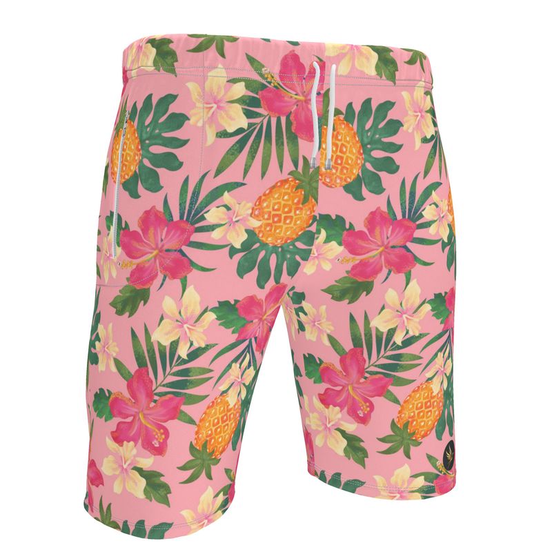 Men's Knee-Length Gym Shorts — Pineapple Paradise Hibiscus Blush