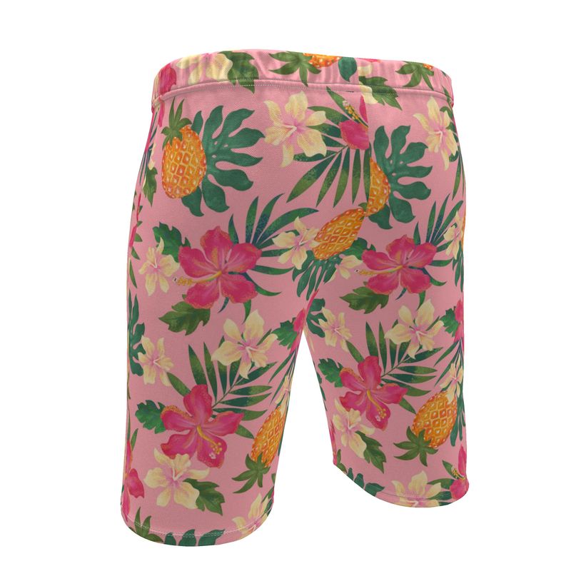 Men's Knee-Length Gym Shorts — Pineapple Paradise Hibiscus Blush