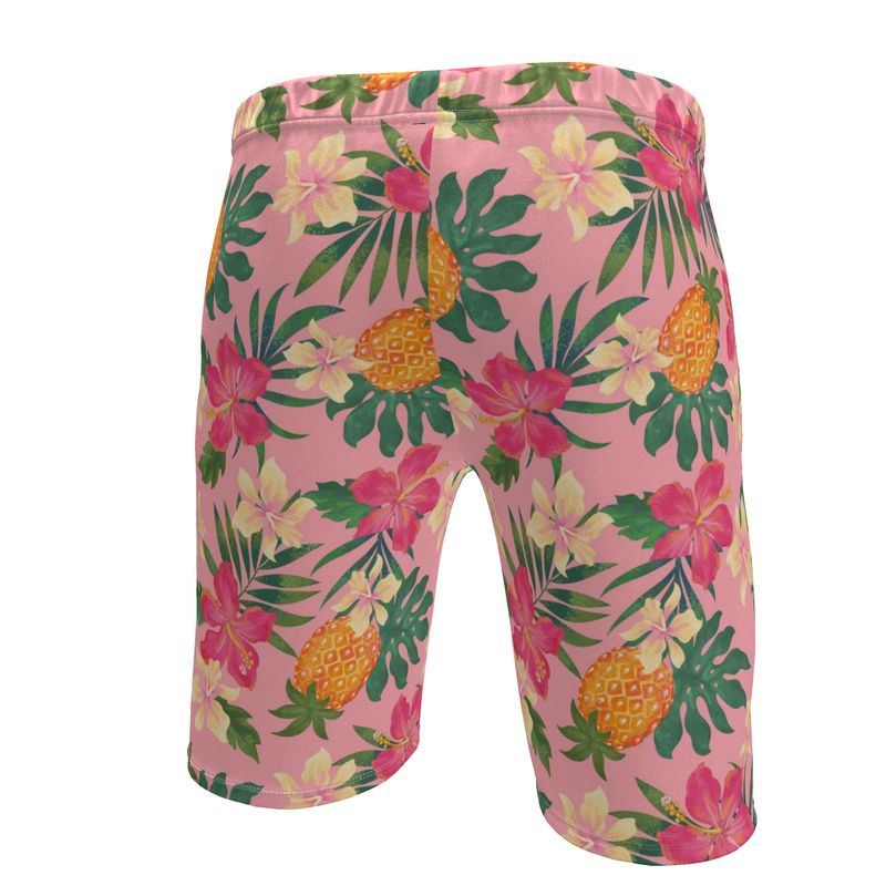 Men's Knee-Length Gym Shorts — Pineapple Paradise Hibiscus Blush