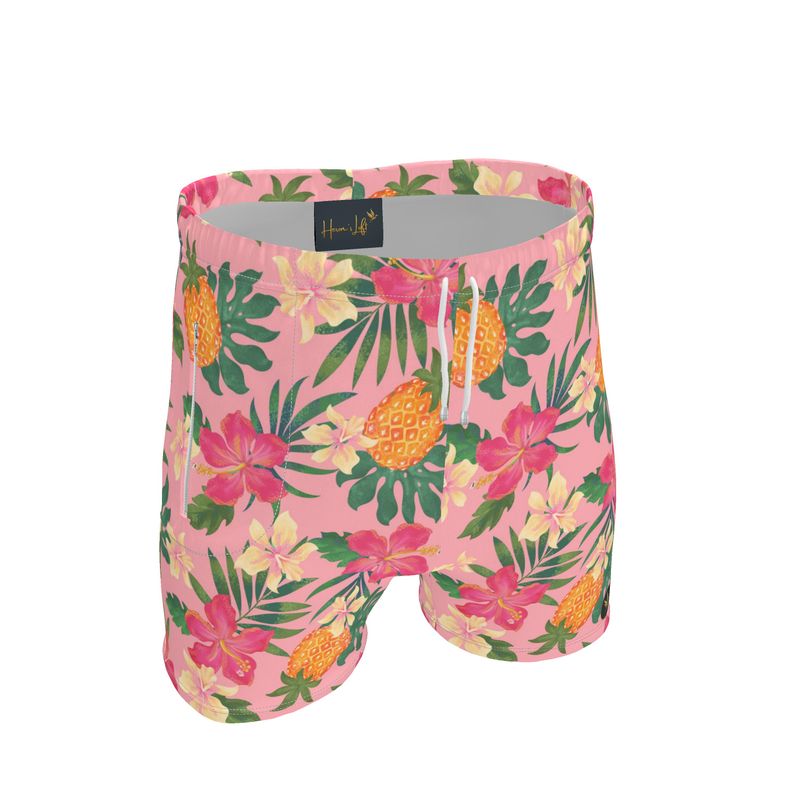 Men's Mid-Thigh Gym Shorts — Pineapple Paradise Hibiscus Blush