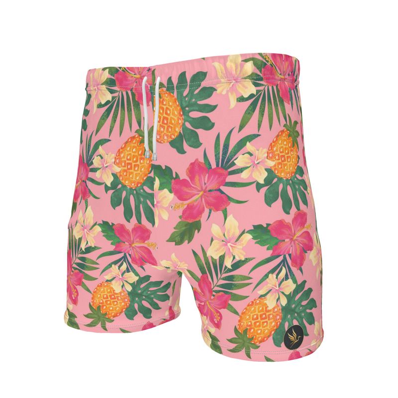 Men's Mid-Thigh Gym Shorts — Pineapple Paradise Hibiscus Blush