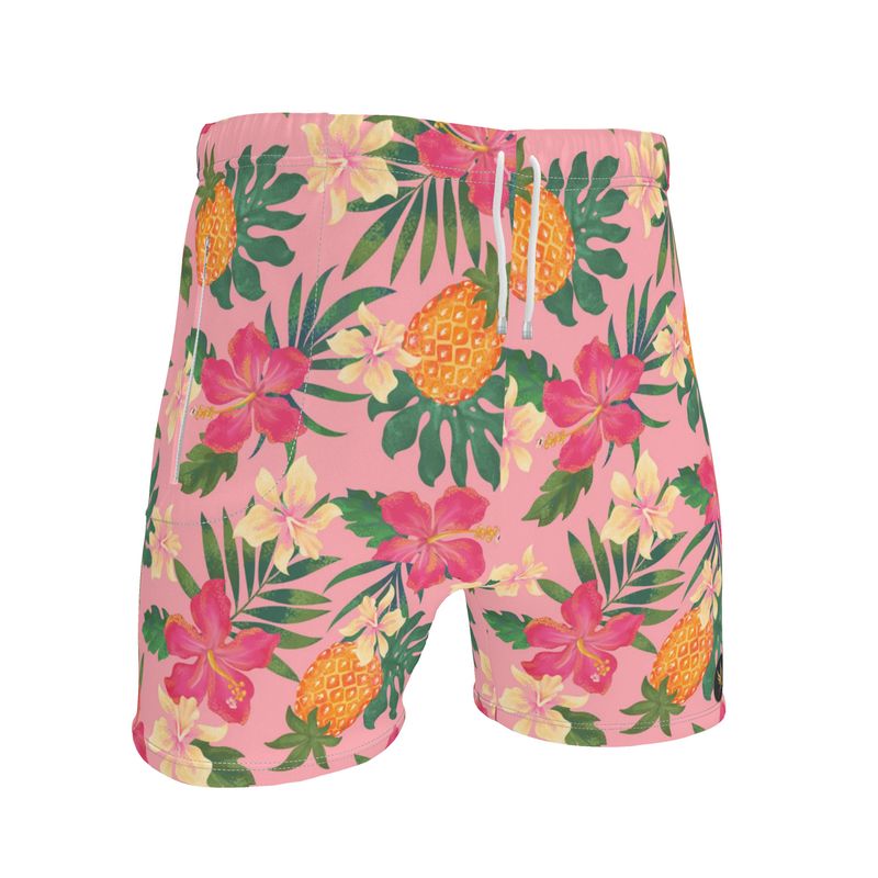 Men's Mid-Thigh Gym Shorts — Pineapple Paradise Hibiscus Blush