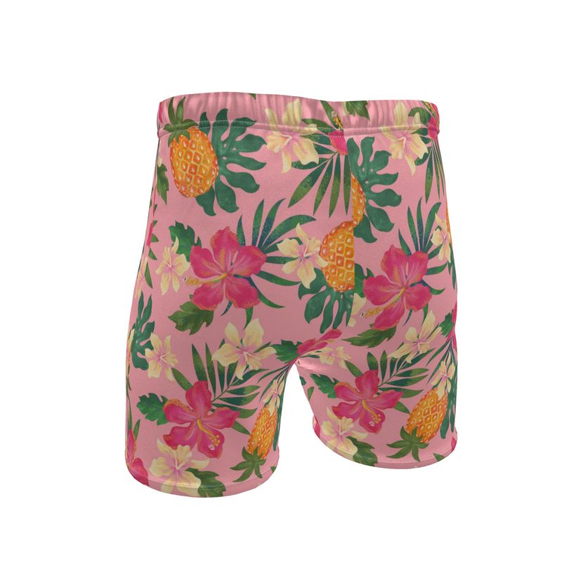Men's Mid-Thigh Gym Shorts — Pineapple Paradise Hibiscus Blush