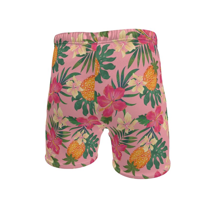 Men's Mid-Thigh Gym Shorts — Pineapple Paradise Hibiscus Blush