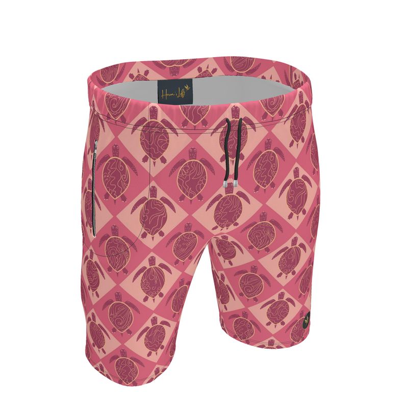 Men's Knee-Length Gym Shorts — Topo Turtles Rosé Tide