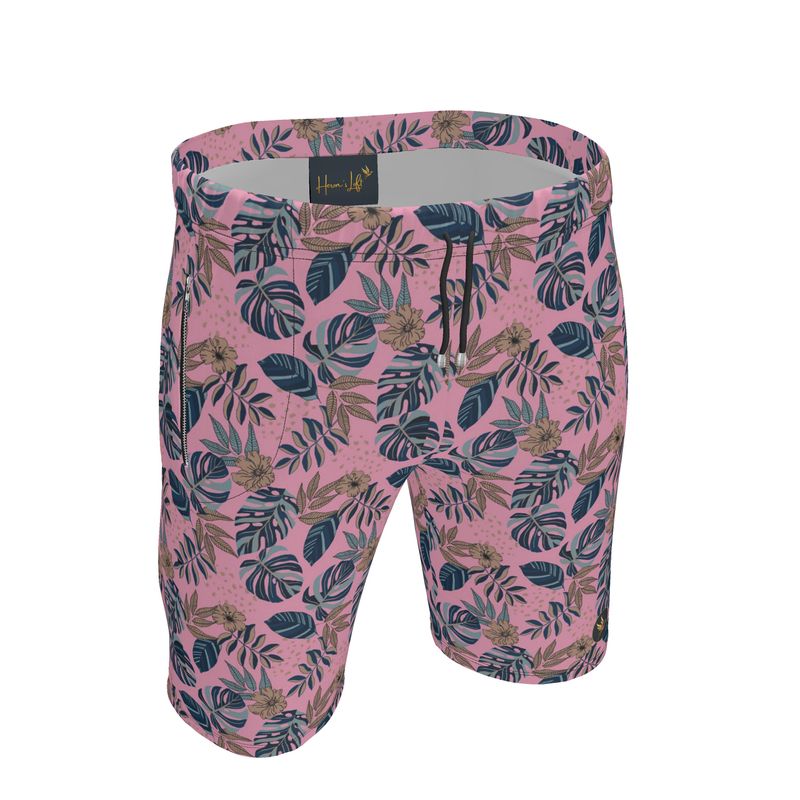 Men's Knee-Length Gym Shorts — Midnight Monstera Lunaria Rose