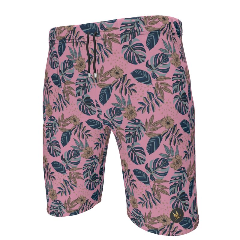 Men's Knee-Length Gym Shorts — Midnight Monstera Lunaria Rose