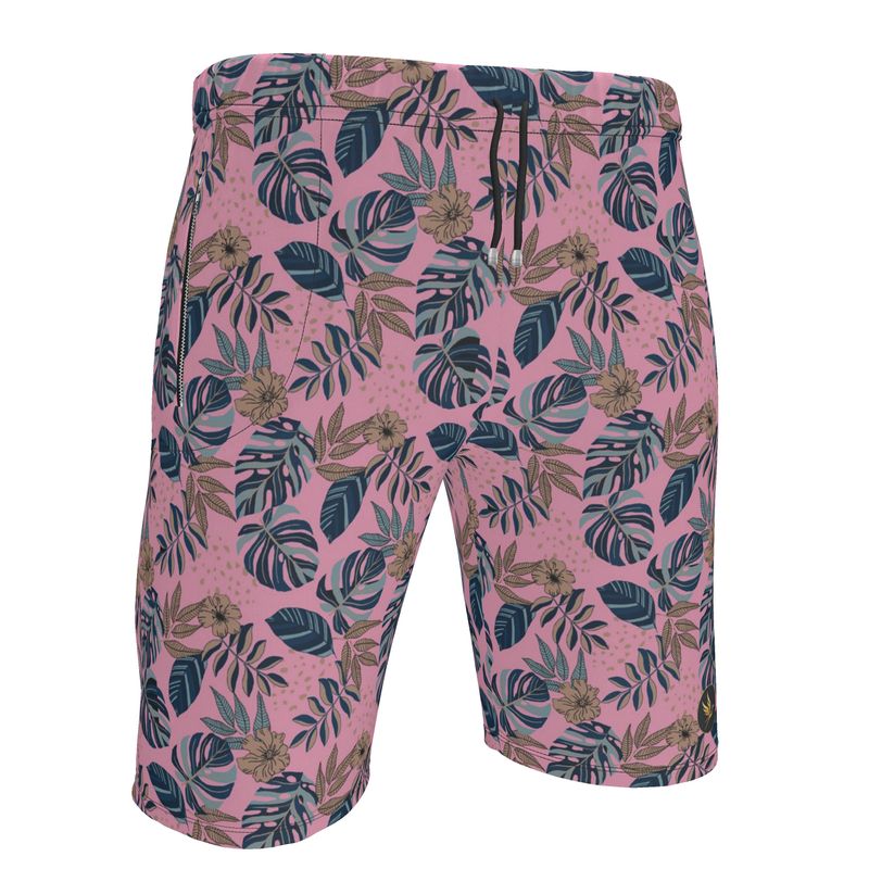 Men's Knee-Length Gym Shorts — Midnight Monstera Lunaria Rose