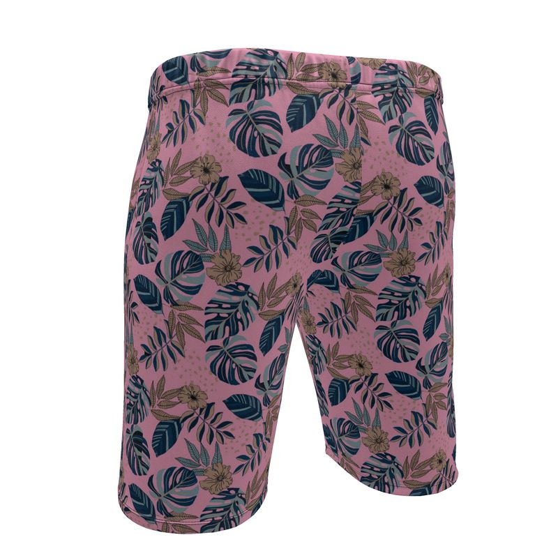 Men's Knee-Length Gym Shorts — Midnight Monstera Lunaria Rose