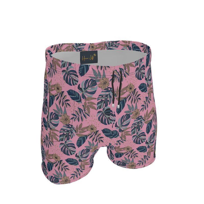 Men's Mid-Thigh Gym Shorts — Midnight Monstera Lunaria Rose