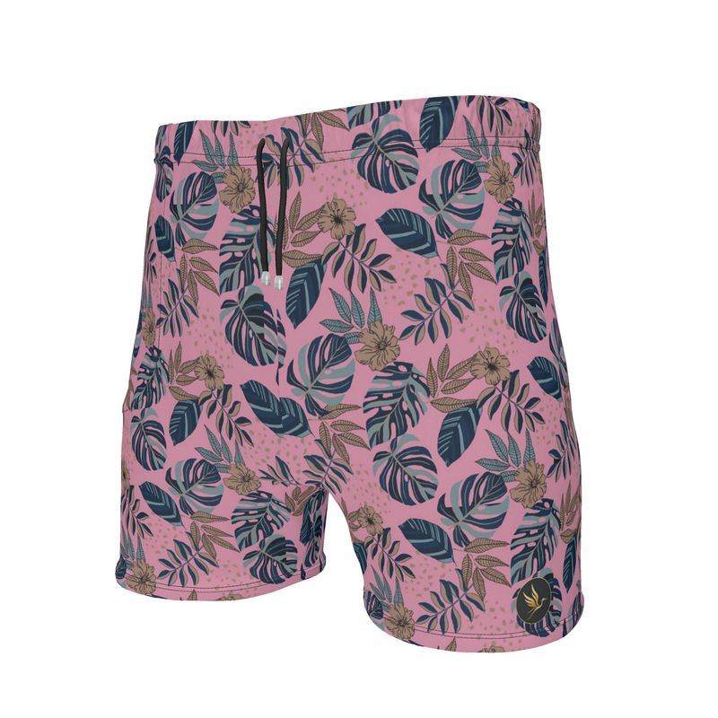 Men's Mid-Thigh Gym Shorts — Midnight Monstera Lunaria Rose