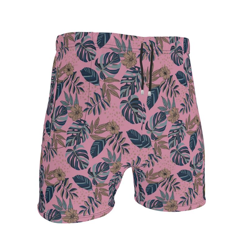 Men's Mid-Thigh Gym Shorts — Midnight Monstera Lunaria Rose