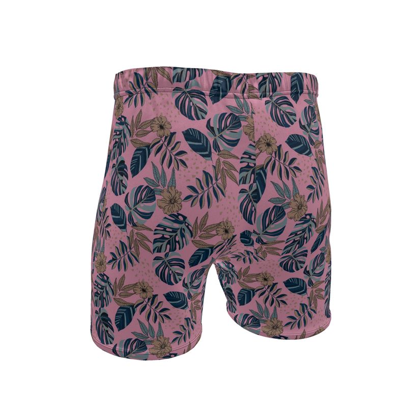 Men's Mid-Thigh Gym Shorts — Midnight Monstera Lunaria Rose