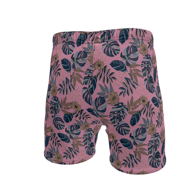 Men's Mid-Thigh Gym Shorts — Midnight Monstera Lunaria Rose