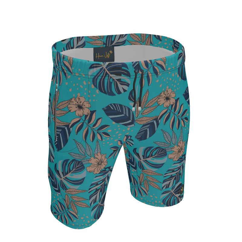 Men's Knee-Length Gym Shorts — Midnight Monstera Cyan Noir