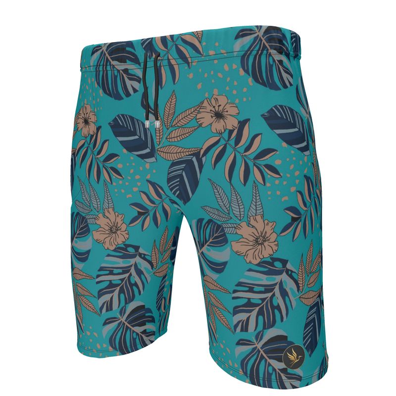 Men's Knee-Length Gym Shorts — Midnight Monstera Cyan Noir
