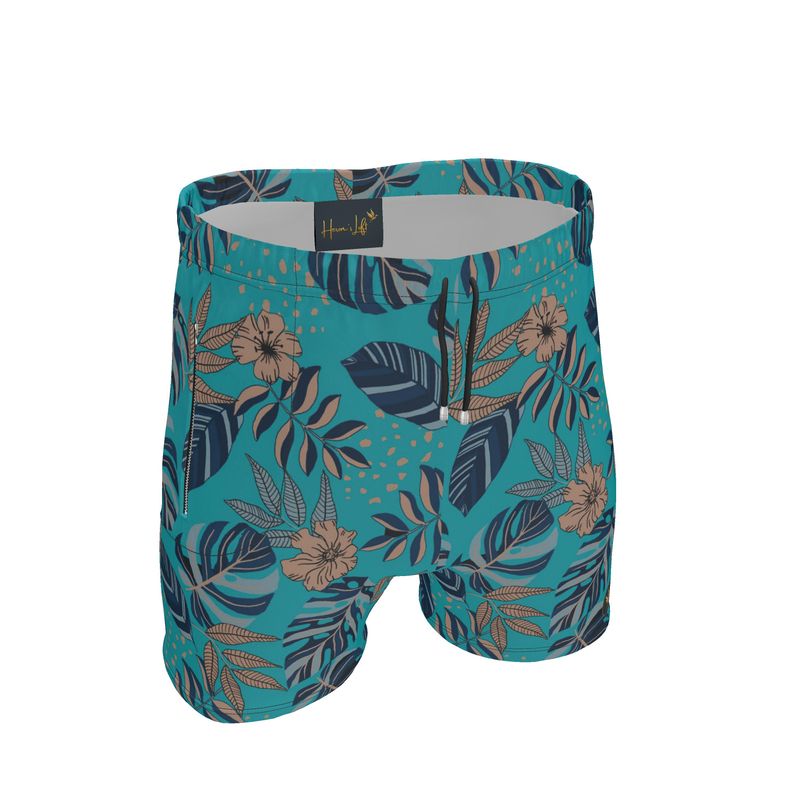 Men's Mid-Thigh Gym Shorts — Midnight Monstera Cyan Noir