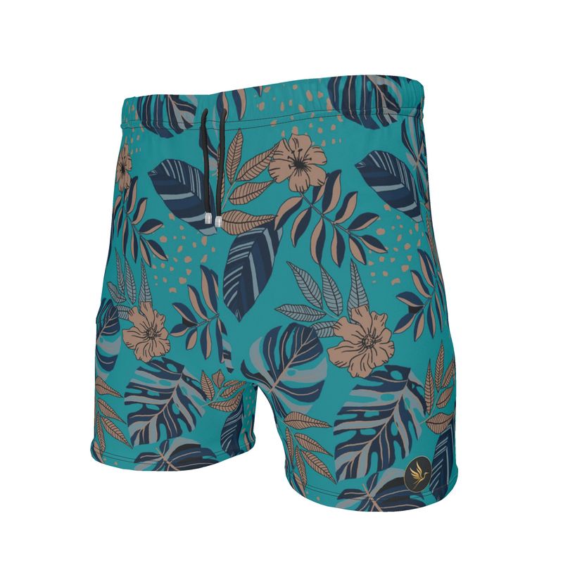 Men's Mid-Thigh Gym Shorts — Midnight Monstera Cyan Noir