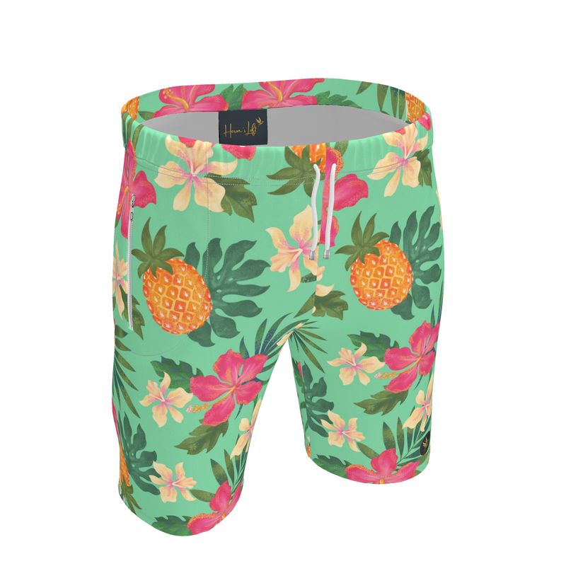 Men's Knee-Length Gym Shorts — Pineapple Paradise Aloe Mist