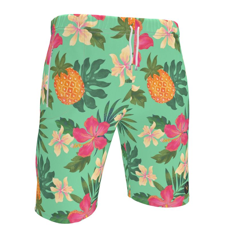 Men's Knee-Length Gym Shorts — Pineapple Paradise Aloe Mist