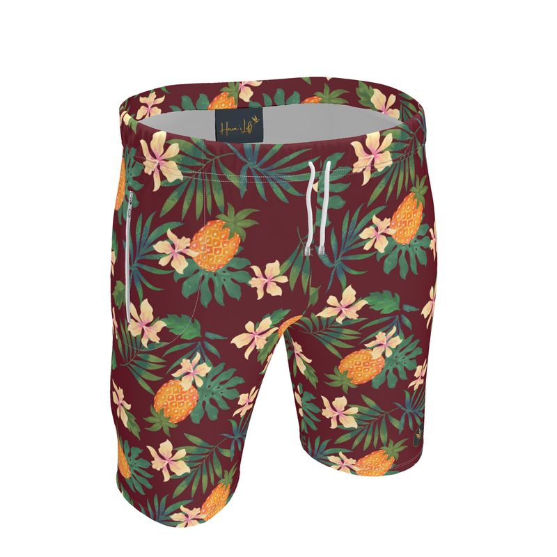 Men's Knee-Length Gym Shorts — Pineapple Paradise Burgundy