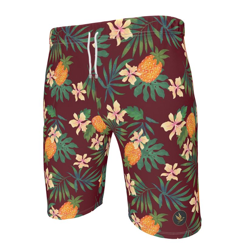 Men's Knee-Length Gym Shorts — Pineapple Paradise Burgundy