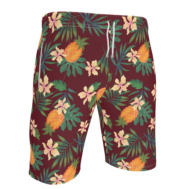 Men's Knee-Length Gym Shorts — Pineapple Paradise Burgundy