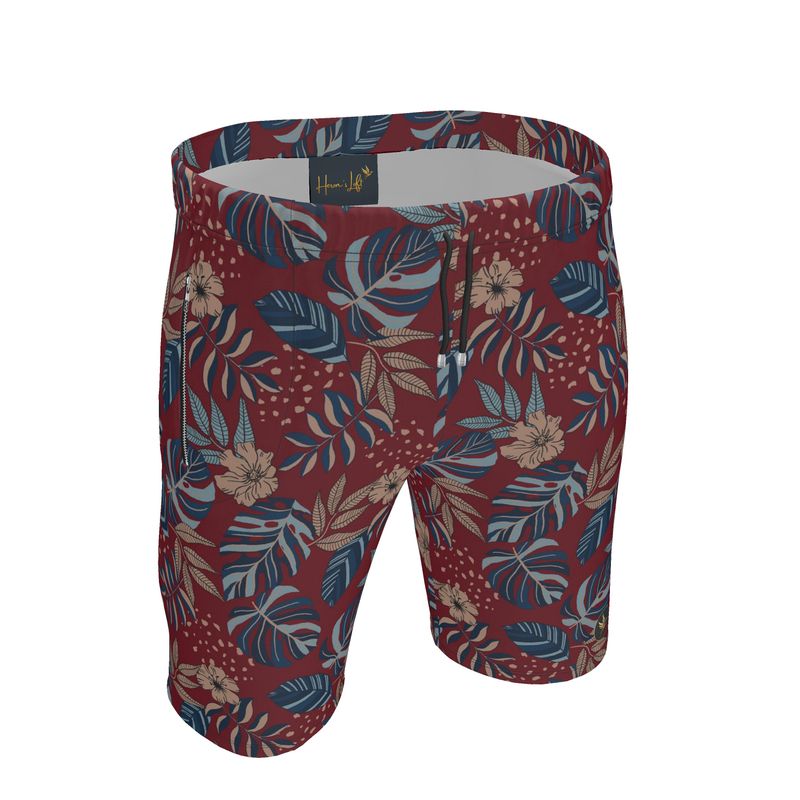 Men's Knee-High Gym Shorts — Midnight Monstera Ruby Red