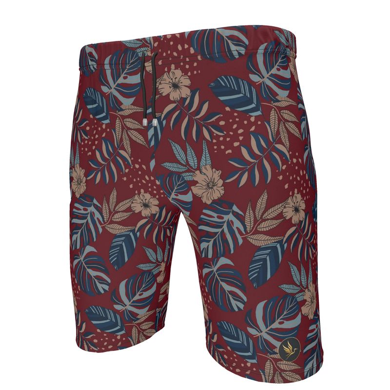Men's Knee-High Gym Shorts — Midnight Monstera Ruby Red