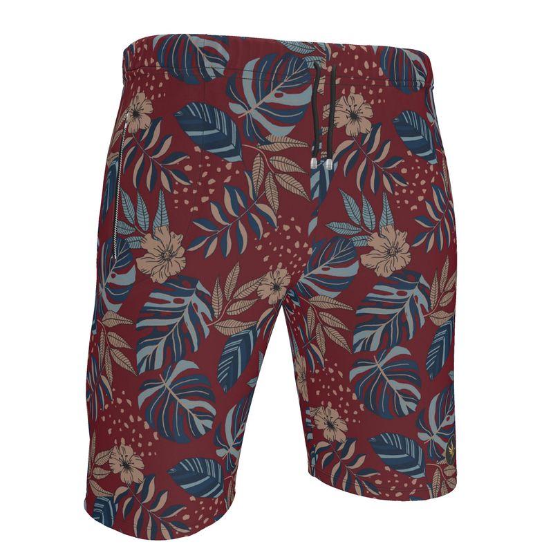 Men's Knee-High Gym Shorts — Midnight Monstera Ruby Red