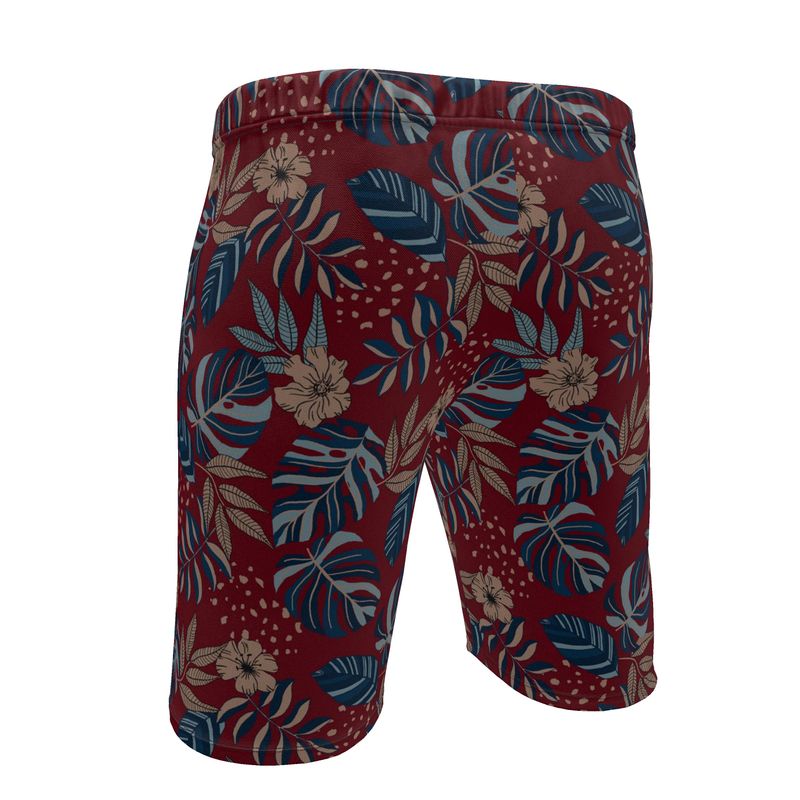 Men's Knee-High Gym Shorts — Midnight Monstera Ruby Red