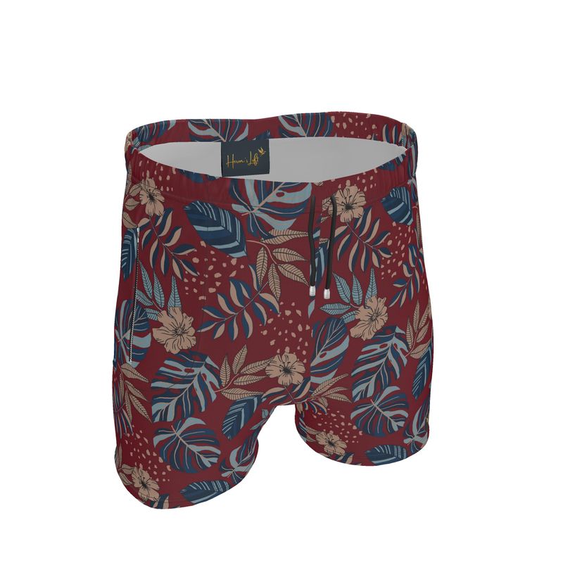 Men's Mid-Thigh Gym Shorts — Midnight Monstera Ruby Red