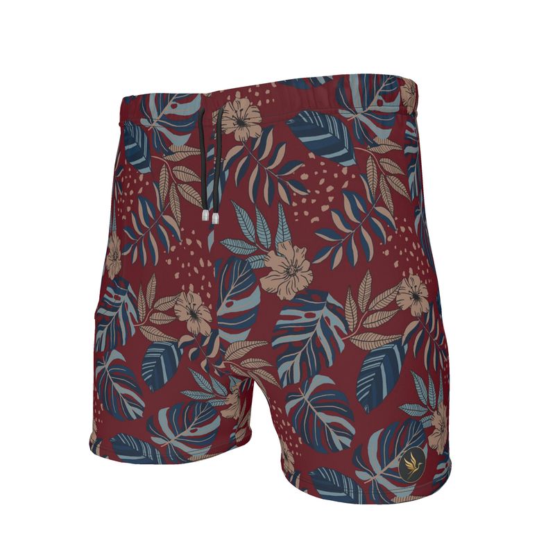 Men's Mid-Thigh Gym Shorts — Midnight Monstera Ruby Red
