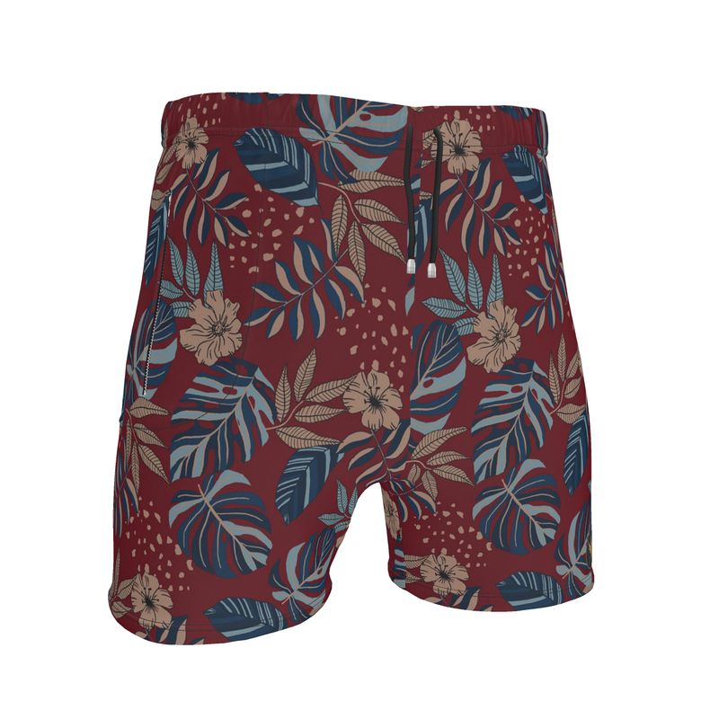 Men's Mid-Thigh Gym Shorts — Midnight Monstera Ruby Red