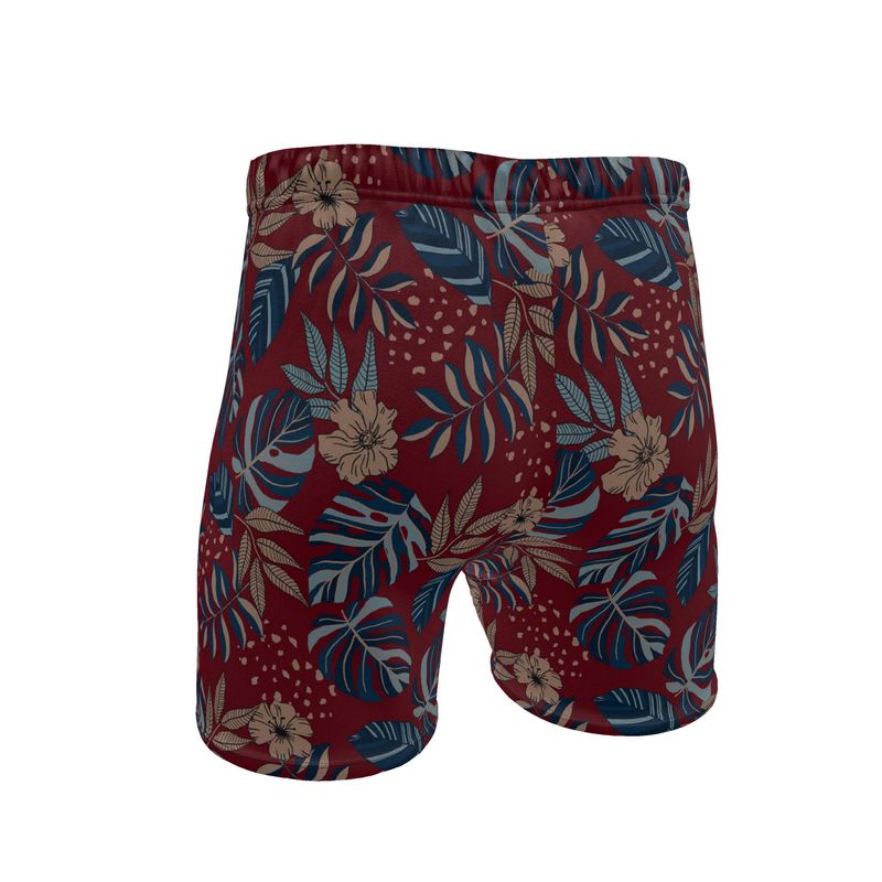 Men's Mid-Thigh Gym Shorts — Midnight Monstera Ruby Red