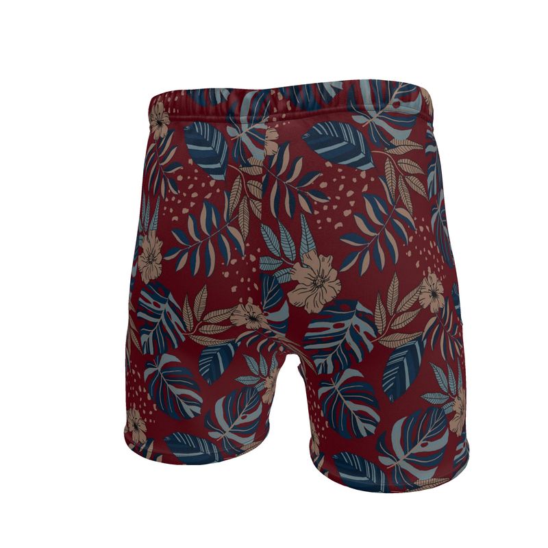 Men's Mid-Thigh Gym Shorts — Midnight Monstera Ruby Red