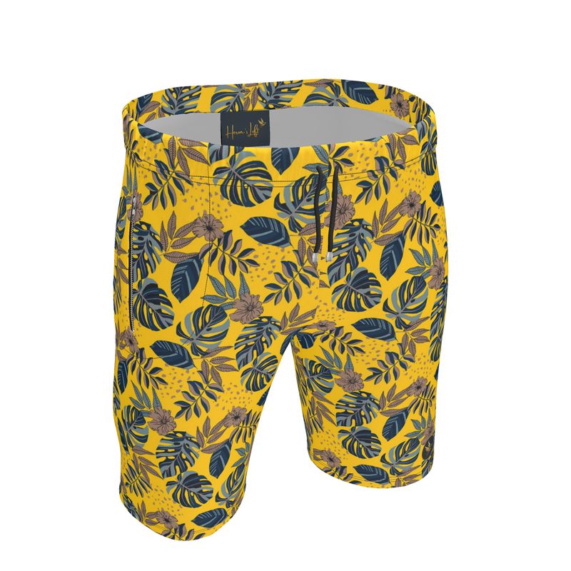 Men's Knee-Length Gym Shorts — Midnight Monstera Honey Gold