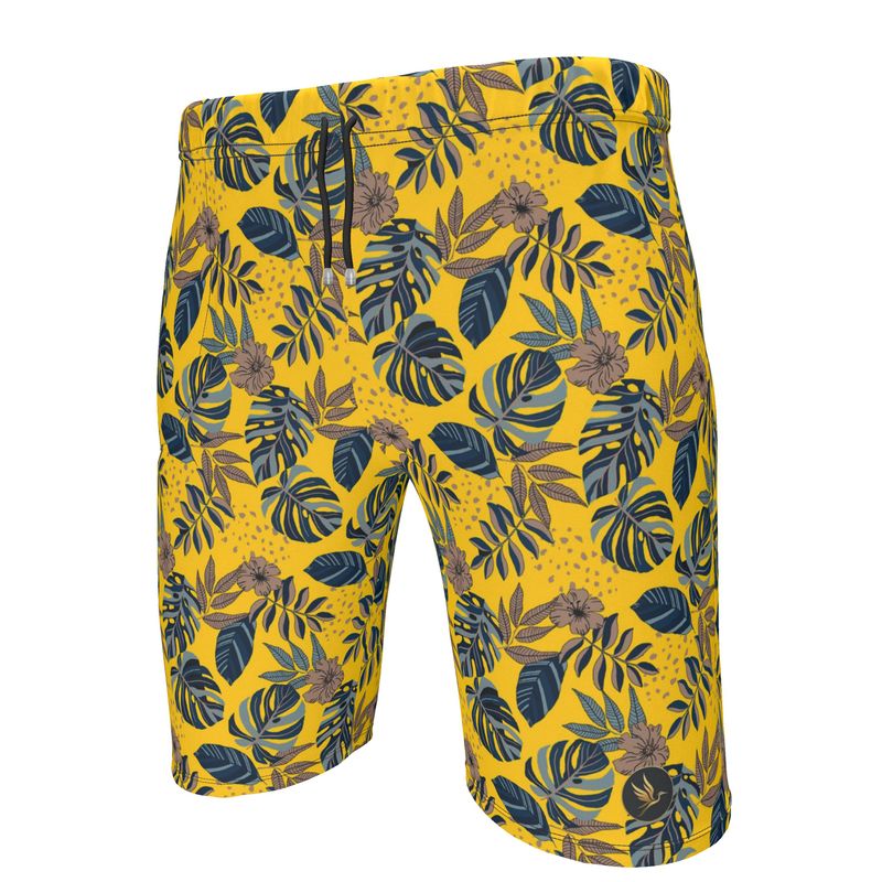 Men's Knee-Length Gym Shorts — Midnight Monstera Honey Gold
