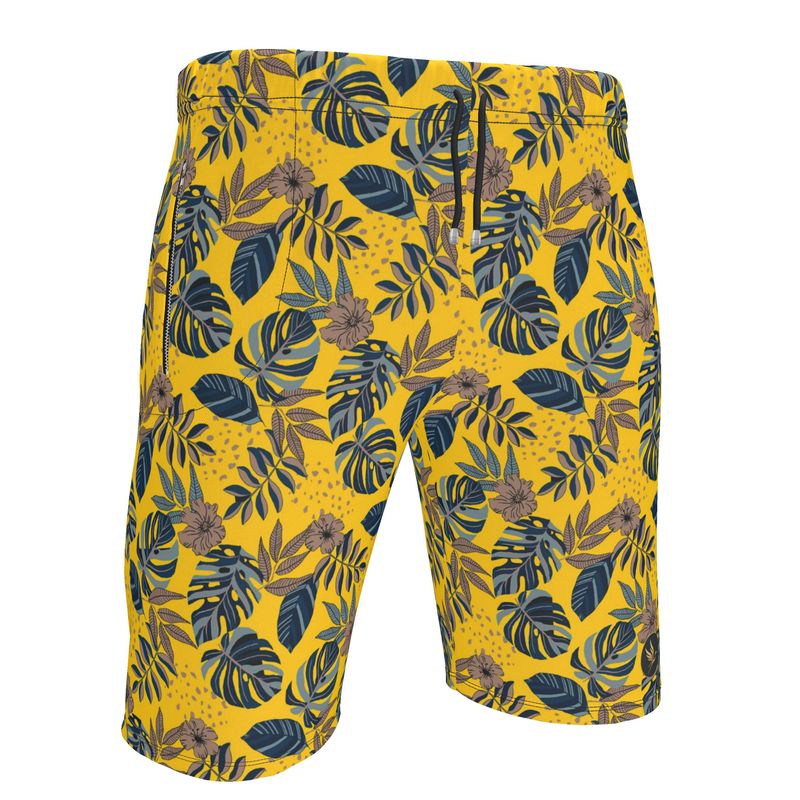 Men's Knee-Length Gym Shorts — Midnight Monstera Honey Gold