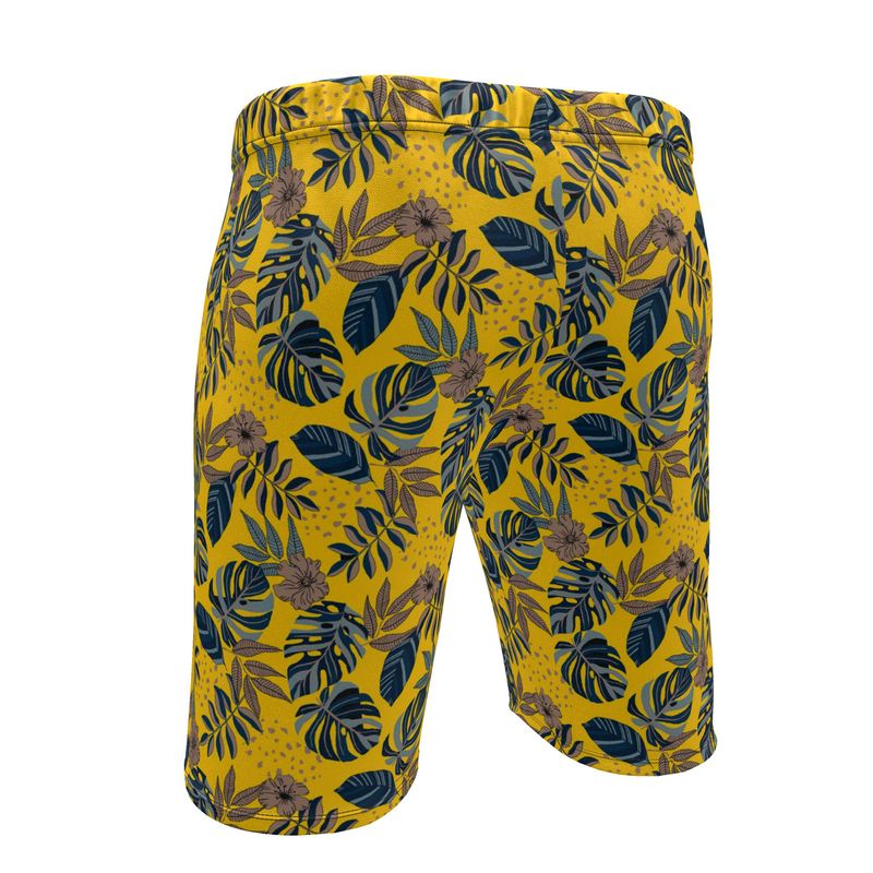 Men's Knee-Length Gym Shorts — Midnight Monstera Honey Gold