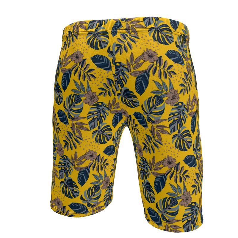 Men's Knee-Length Gym Shorts — Midnight Monstera Honey Gold
