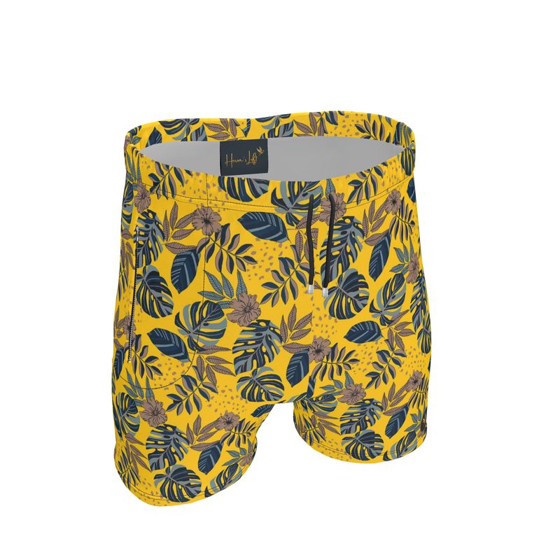Men's Mid-Thigh Gym Shorts — Midnight Monstera Honey Gold